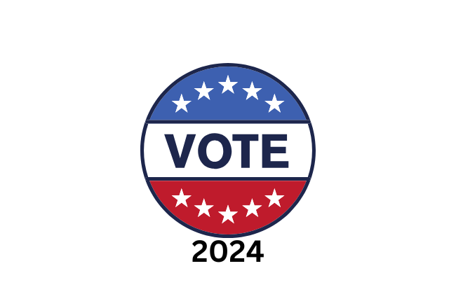 Red, White and Blue Circle with Vote in the middle and 2024 under it.