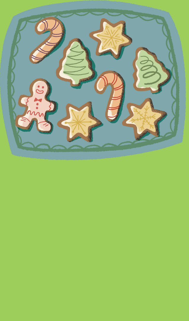 Pan of Christmas cookies and a pale green background