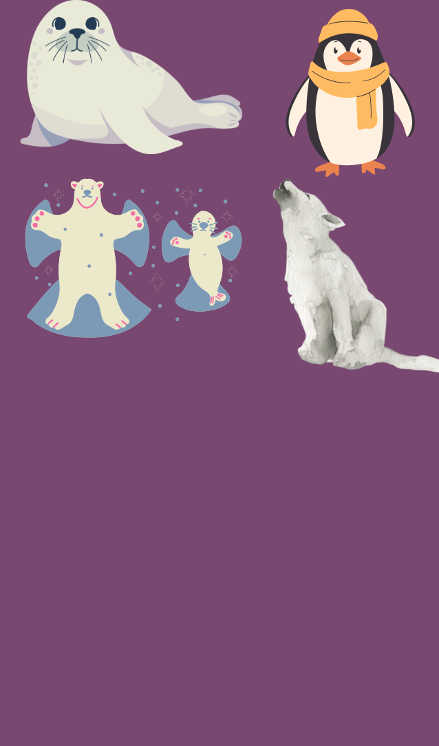 Purple background with seal, penguin, polar bears and wolf.