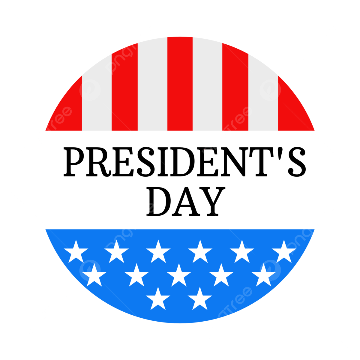 Circle with red and white stripes on top and blue with white starts with black President's Day in the center