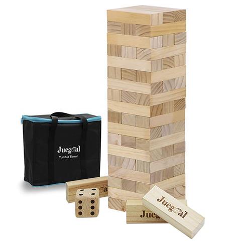 Giant Jenga block tower, dice, and carrying case
