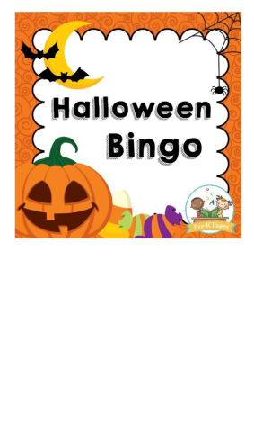 Halloween Bingo with bats and moon in top left corner, jack-o-lantern in bottom left and spider on web in top right corner.