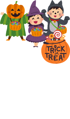 Trick or Treaters and a pumpkin full of candy that says trick or treat