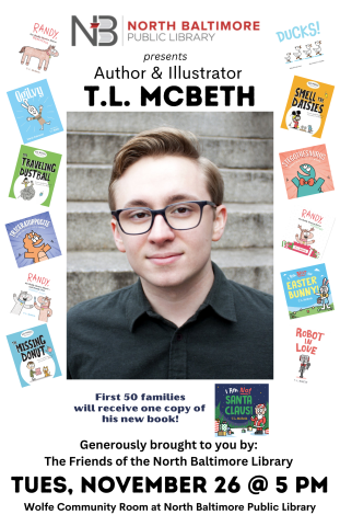 T.L.McBeth poster with his picture and books surrounding it 