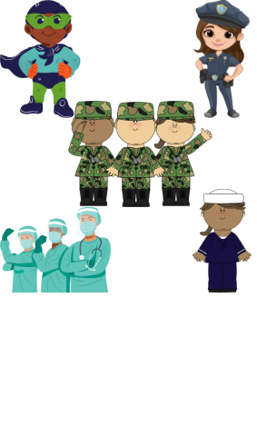 Different Types of heroes, super hero, police, doctor and military