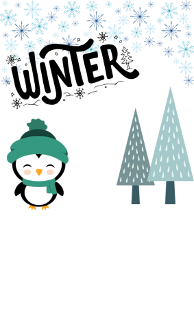 Snow with the word Winter, a penguin with hat and scarf and snowy pine trees