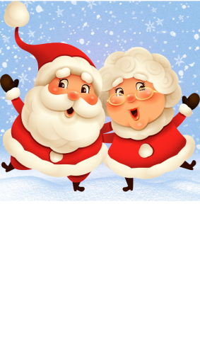 Santa and Mrs. Claus with a snowy background