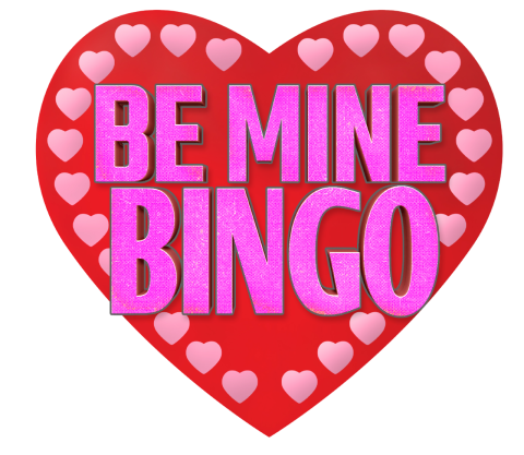 Red Heart with small pink hearts around it and the words Be Mine Bingo in pink in the middle.