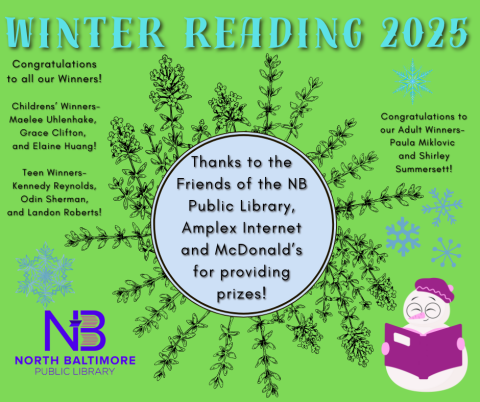 Green background with light blue circle in the middle. The top says winter reading 2025 and there is a snowman reading a book in the bottom right corner