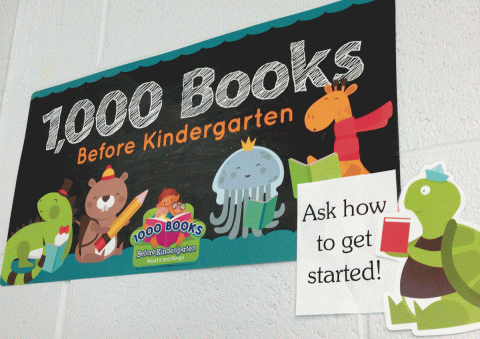 1000 books before kindergarten banner hanging in the library