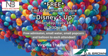 Balloon background with Free Summer Movie information July 18th at 1:30 pm